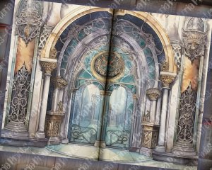 Junk Journal Page Artbook Illustration by Stefan in the Mist, Ornate Interiors Style, Realistic Anamorphic Art, Contoured Shading