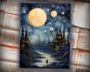 12 papers | Whimsical Moon and Stars Scrapbooking Kit | Printable Pages | Shabby Chic Journaling | Mysterious Backdrops | Painterly Textures