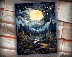 12 papers | Whimsical Moon and Stars Scrapbooking Kit | Printable Pages | Shabby Chic Journaling | Mysterious Backdrops | Painterly Textures