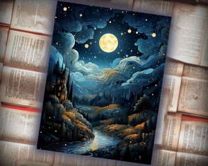 12 papers | Whimsical Moon and Stars Scrapbooking Kit | Printable Pages | Shabby Chic Journaling | Mysterious Backdrops | Painterly Textures