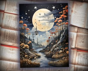 12 papers | Whimsical Moon and Stars Scrapbooking Kit | Printable Pages | Shabby Chic Journaling | Mysterious Backdrops | Painterly Textures