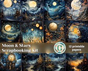 12 papers | Whimsical Moon and Stars Scrapbooking Kit | Printable Pages | Shabby Chic Journaling | Mysterious Backdrops | Painterly Textures