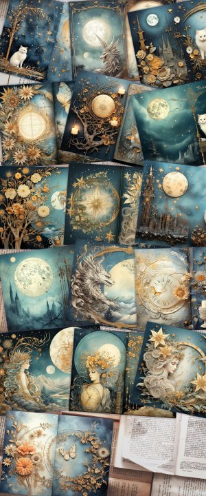 16 Pages of Moonlight Background, Moon and Sun Celestial Vibes, Shabby Chic Ephemera, Scrapbooking Background - Perfect for Invitations