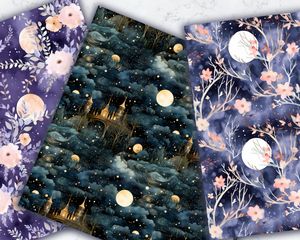 Romantic Moonlight Digital Paper Seamless Texture for Scrapbooking, Crafting, and Stationery - Set of 16 Unique Handmade Designs