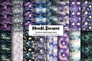 Romantic Moonlight Digital Paper Set with Seamless Texture - Instant Download - Printable Scrapbook Paper - High-Quality Backgrounds