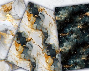 Marble Texture Gold Elements Digital Pattern Paper with Seamless Hi-Res Mystic Stars Design for Crafts, Scrapbooking, and Printables