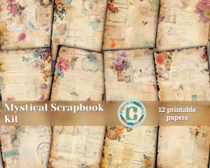 12 papers | Mystical and Energetic Scrapbooking Kit | Fairy Tale Watercolor Illustrations | Shabby Chic Ephemera | Intricate Details