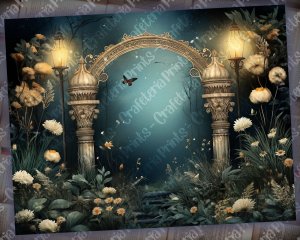 14 papers | Night Garden background, fairy tale garden by night | Shabby chic ephemera | Scrapbooking kit for junk journals, invitations