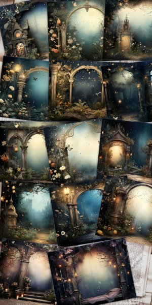 14 papers | Night Garden background, fairy tale garden by night | Shabby chic ephemera | Scrapbooking kit for junk journals, invitations