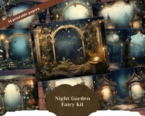 14 papers | Night Garden background, fairy tale garden by night | Shabby chic ephemera | Scrapbooking kit for junk journals, invitations