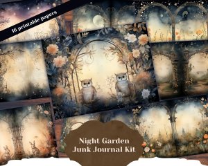 16 papers | Night Garden scrapbooking papers, fairy tale garden by night background, shabby chic ephemera, watercolor illustration