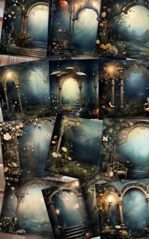 12 papers | Night Garden background, fairy tale garden by night | Shabby chic ephemera for scrapbooking, junk journaling, and invitations