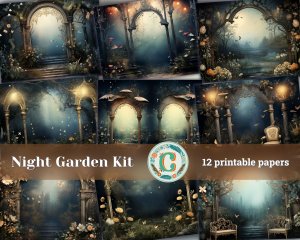 12 papers | Night Garden background, fairy tale garden by night | Shabby chic ephemera for scrapbooking, junk journaling, and invitations