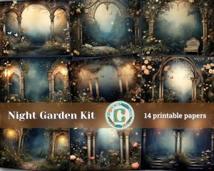 14 papers | Night Garden background, fairy tale garden by night, shabby chic ephemera, scrapbooking kit, printable paper, junk journal