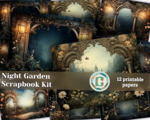 12 papers | Night Garden background scrapbooking papers, fairy tale garden by night, shabby chic ephemera, printable pages, junk journal kit