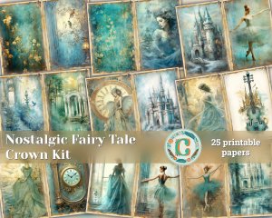 25 papers | Nostalgic Fairy Tale Crown Printable Scrapbooking Papers, Junk Journal Kit, Light Gold Elements, Shabby Chic Romantic Scenery