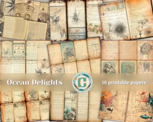 Ocean Wonders and Margine Vibe Junk Journal Pages - Digital Papers for Invitations, Scrapbooking, and Designs. Shabby Chic Ephemera