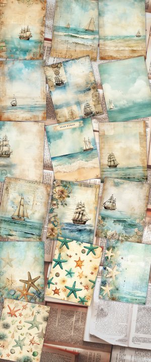 16 Papers | Ocean Sand & Sea Star Junk Journal Kit, Printable Scrapbooking Pages, Shabby Chic Ephemera, Sea Inspired Journaling Kit