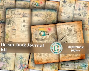 Ocean Wonders Junk Journal Page with Marginal Vibes | Digital Watercolor Illustration | Shabby Chic Ephemera | High-Quality Invitations