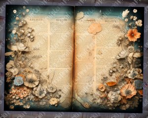 Ocean Wonders Junk Journal Page with Marginal Vibe, Big Vivid Elements, Deep Colors - Digital Watercolor Illustration, Shabby Chic Ephemera