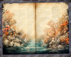 Ocean Wonders Junk Journal Page with Marginal Vibe, Big Vivid Elements, Deep Colors - Digital Watercolor Illustration, Shabby Chic Ephemera