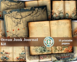 Ocean Wonders Junk Journal Page with Marginal Vibe, Big Vivid Elements, Deep Colors - Digital Watercolor Illustration, Shabby Chic Ephemera