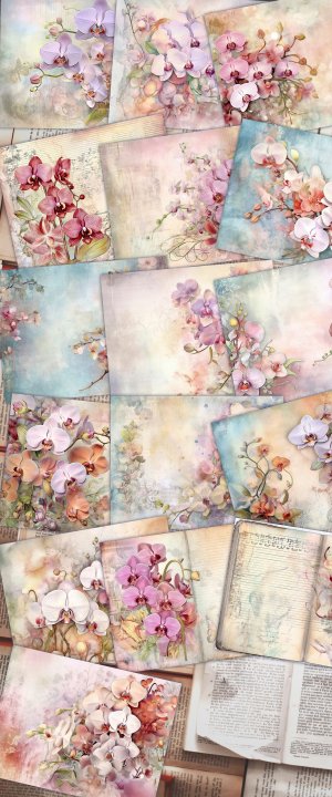 Fairy Tale Watercolor Orchids Junk Journal Background, Floral Nature Journal Paper, Muted Colors, Digital Printable, Perfect for Invitations