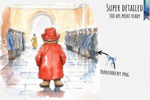 Instant Download! Watercolor Clipart Bundle of Paddington Bear at Buckingham Palace, Changing of the Guard Ceremony. PNG Images