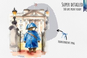 Instant Download! Watercolor Clipart Bundle of Paddington Bear at Buckingham Palace, Changing of the Guard Ceremony. PNG Images