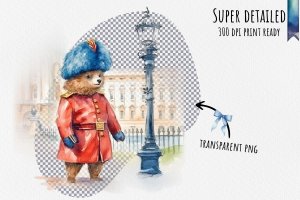 Instant Download! Watercolor Clipart Bundle of Paddington Bear at Buckingham Palace, Changing of the Guard Ceremony. PNG Images