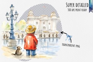 Instant Download! Watercolor Clipart Bundle of Paddington Bear at Buckingham Palace, Changing of the Guard Ceremony. PNG Images