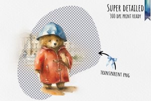 Instant Download! Watercolor Clipart Bundle of Paddington Bear at Buckingham Palace, Changing of the Guard Ceremony. PNG Images