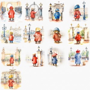 Instant Download! Watercolor Clipart Bundle of Paddington Bear at Buckingham Palace, Changing of the Guard Ceremony. PNG Images