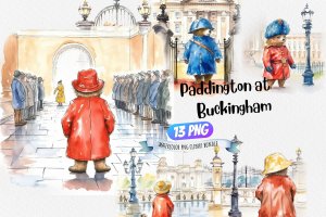 Instant Download! Watercolor Clipart Bundle of Paddington Bear at Buckingham Palace, Changing of the Guard Ceremony. PNG Images