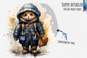 Instant Download Watercolor Clipart Bundle: Charming Paddington Bear in Blue Coat and Red Hat, White Background Margins, Digital PNG Images