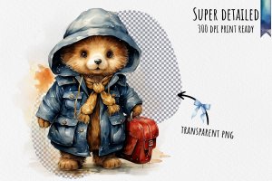 Instant Download Watercolor Clipart Bundle: Charming Paddington Bear in Blue Coat and Red Hat, White Background Margins, Digital PNG Images