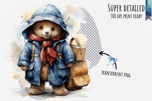 Instant Download Watercolor Clipart Bundle: Charming Paddington Bear in Blue Coat and Red Hat, White Background Margins, Digital PNG Images