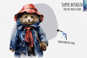 Instant Download Watercolor Clipart Bundle: Charming Paddington Bear in Blue Coat and Red Hat, White Background Margins, Digital PNG Images