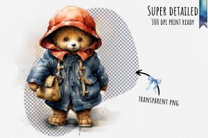 Instant Download Watercolor Clipart Bundle: Charming Paddington Bear in Blue Coat and Red Hat, White Background Margins, Digital PNG Images