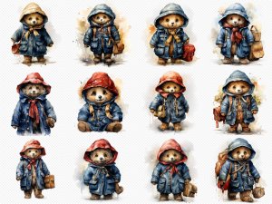 Instant Download Watercolor Clipart Bundle: Charming Paddington Bear in Blue Coat and Red Hat, White Background Margins, Digital PNG Images