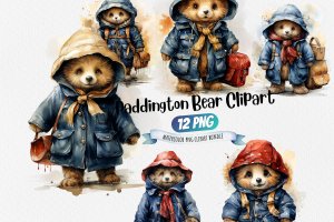 Instant Download Watercolor Clipart Bundle: Charming Paddington Bear in Blue Coat and Red Hat, White Background Margins, Digital PNG Images