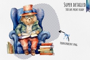 Instant Download Watercolor Clipart Bundle of Paddington Bear Relaxing in Armchair with Round Spectacles, Book Stack, and More