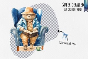 Instant Download Watercolor Clipart Bundle of Paddington Bear Relaxing in Armchair with Round Spectacles, Book Stack, and More