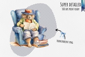 Instant Download Watercolor Clipart Bundle of Paddington Bear Relaxing in Armchair with Round Spectacles, Book Stack, and More