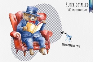 Instant Download Watercolor Clipart Bundle of Paddington Bear Relaxing in Armchair with Round Spectacles, Book Stack, and More