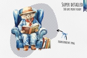 Instant Download Watercolor Clipart Bundle of Paddington Bear Relaxing in Armchair with Round Spectacles, Book Stack, and More