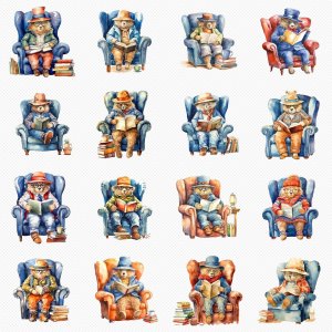 Instant Download Watercolor Clipart Bundle of Paddington Bear Relaxing in Armchair with Round Spectacles, Book Stack, and More