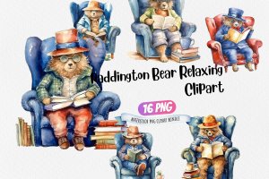 Instant Download Watercolor Clipart Bundle of Paddington Bear Relaxing in Armchair with Round Spectacles, Book Stack, and More