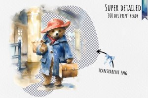 Instant Download Watercolor Clipart Bundle of Paddington Bear Standing on a Platform at the Train Station, Suitcase and Tag Included