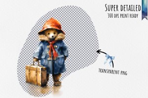 Instant Download Watercolor Clipart Bundle of Paddington Bear Standing on a Platform at the Train Station, Suitcase and Tag Included